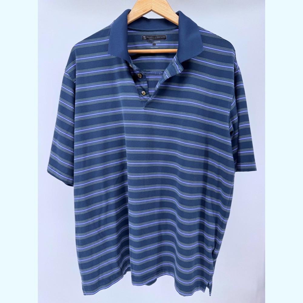 Pebble Beach Polo Shirt Mens XXL Blue Stripe Performance Golf Polo